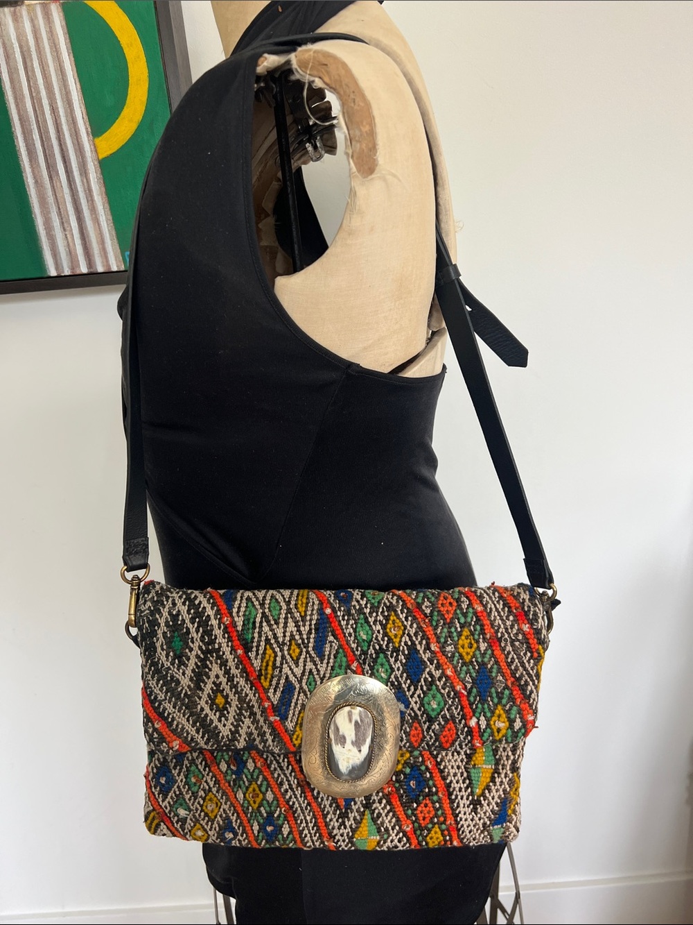 Multicolor Handwoven Morroccan kilim Crossbody Bag with Statement Metal bone